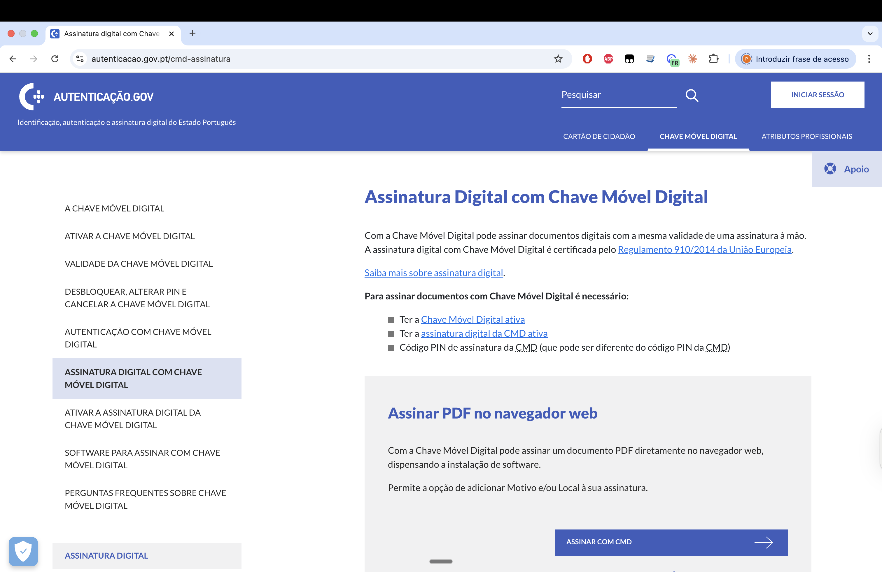 Página inicial do serviço de assinatura digital da Autenticação.gov com botão Assinar com CMD