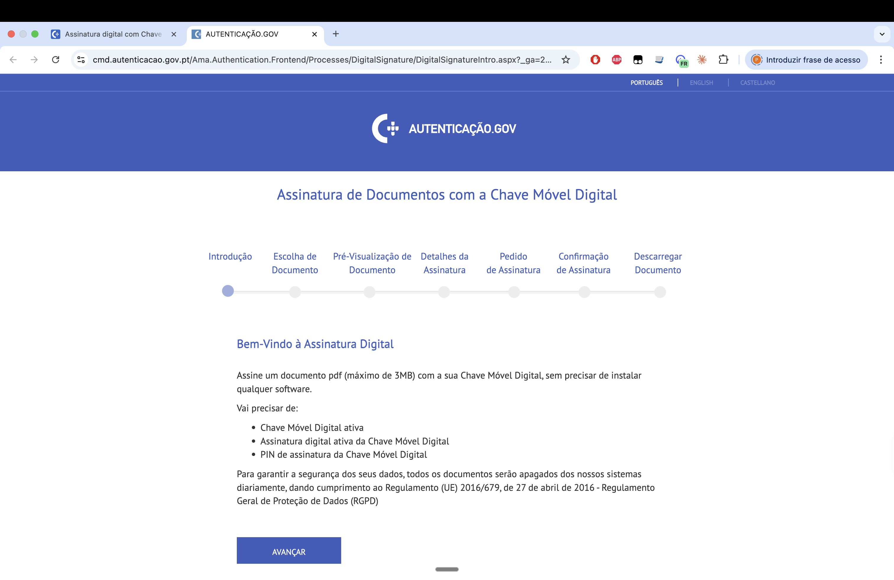 Página de introdução ao serviço de assinatura digital com botão Avançar