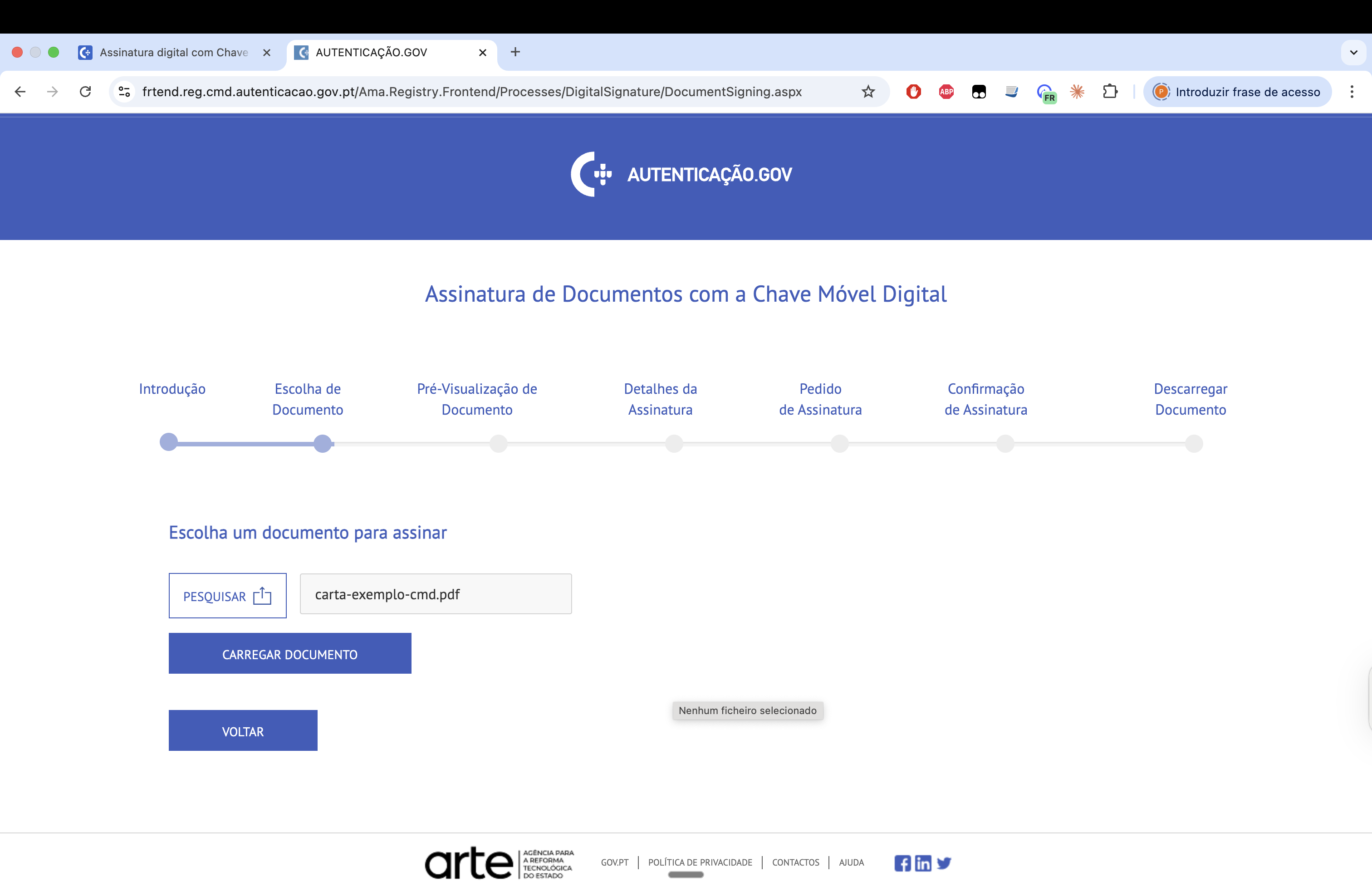 Ecrã de escolha de documento com ficheiro PDF selecionado e botão Carregar Documento