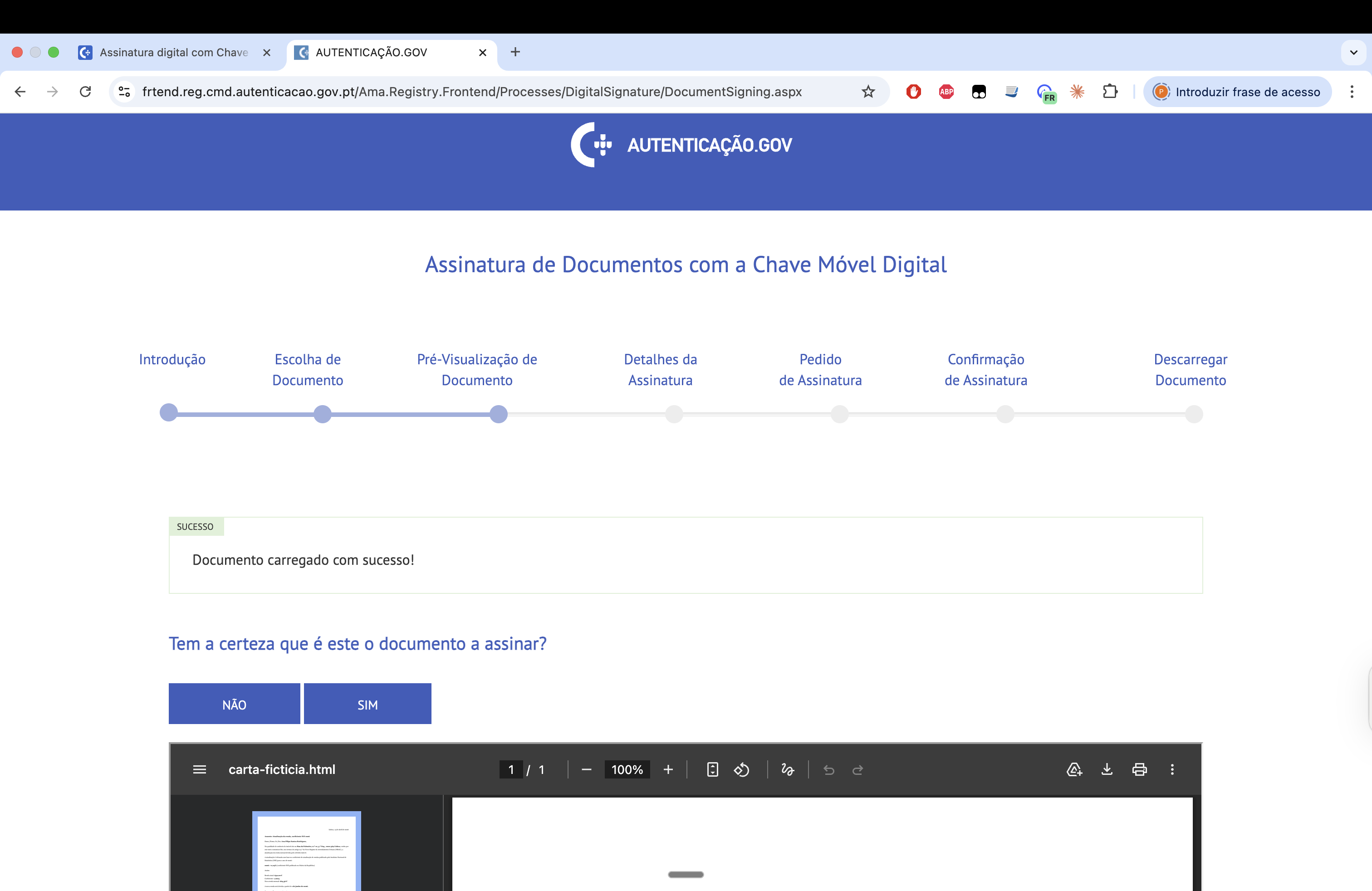 Pré-visualização do documento PDF com opção de confirmar com botão Sim