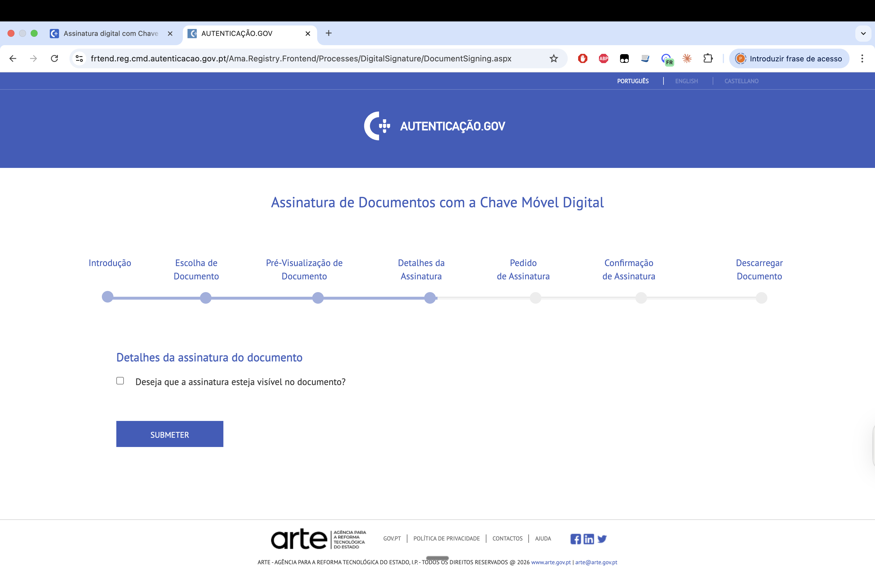 Ecrã de detalhes da assinatura com checkbox por marcar