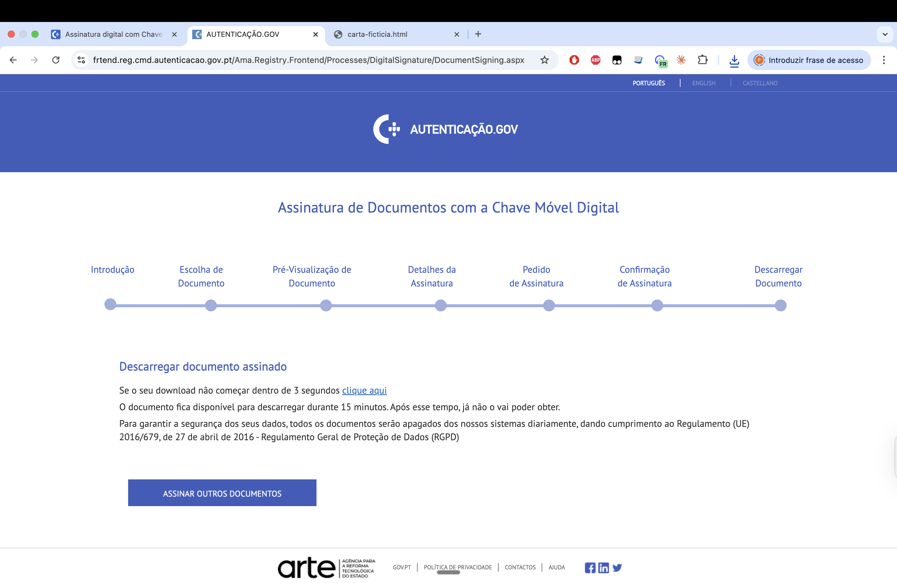 Ecrã final com opção de descarregar o documento assinado digitalmente